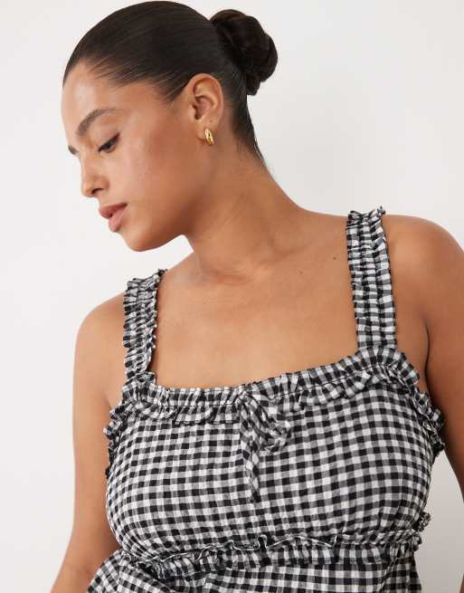 New Look Curve gingham puff sleeve midi dress in black, 3 of 4