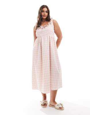 New Look Plus New Look Curve gingham strappy corset midi dress in pink