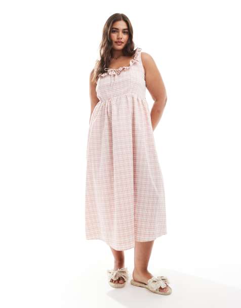 New Look Curve gingham strappy corset midi dress in pink - view 1