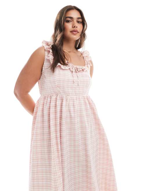 New Look Curve gingham strappy corset midi dress in pink, 2 of 4