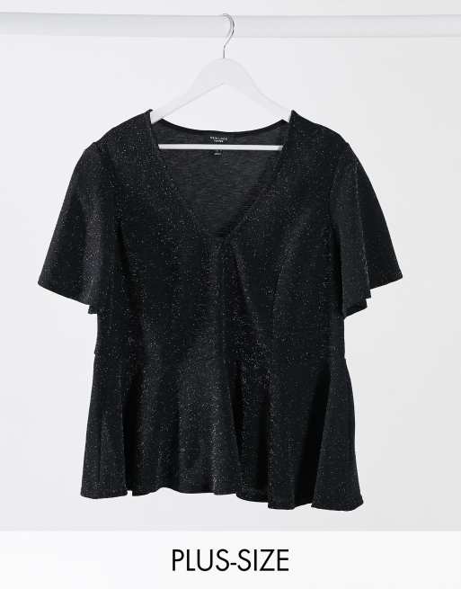 New Look Curve – Glitzeroberteil mit Schößchensaum in Schwarz