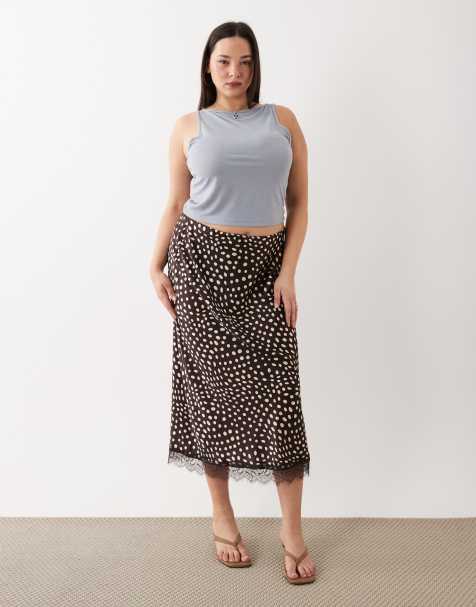 New Look Curve - Gonna midi marrone con stampa di cerbiatto e finiture in pizzo - view 1