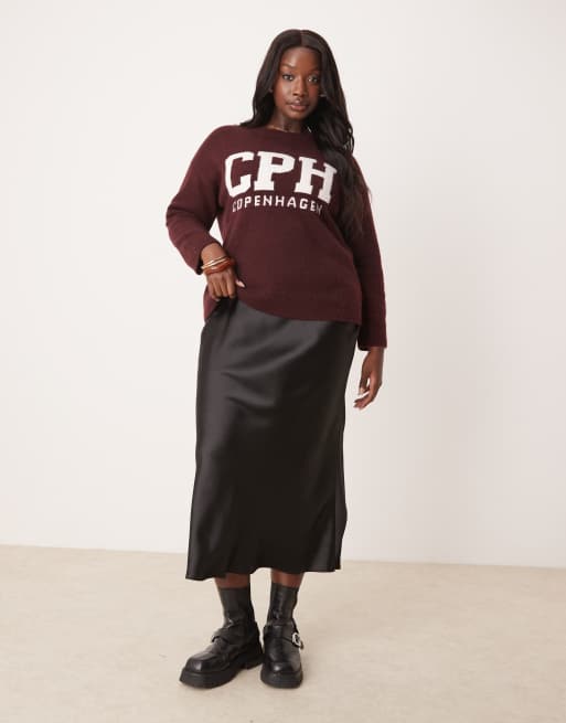 New Look Curve - Gonna midi nera in raso con taglio sbieco