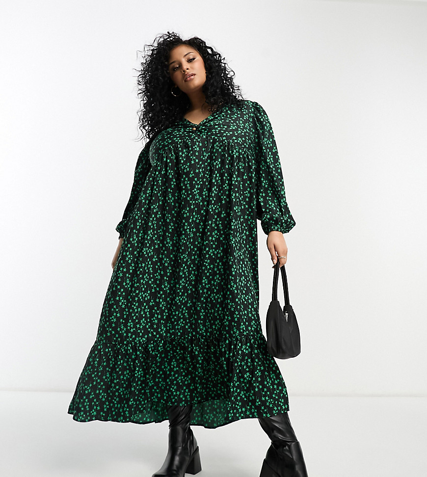 new look curve - grön småblommig smockklänning i midilängd med långa ärmar och snurrad knut framtill-grön/a