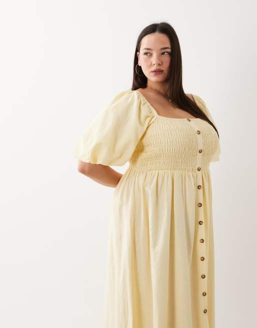 New Look Curve – Gul midiklänning i milkmaid-modell med knäppning, 2 av 4