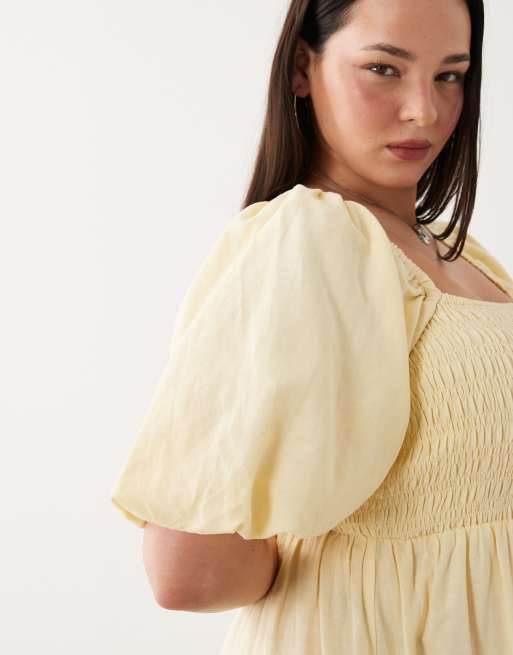 New Look Curve – Gul midiklänning i milkmaid-modell med knäppning, 3 av 4