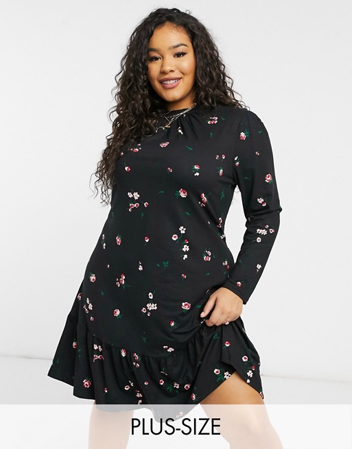 New Look Curve high neck soft touch smock dress in black floral print