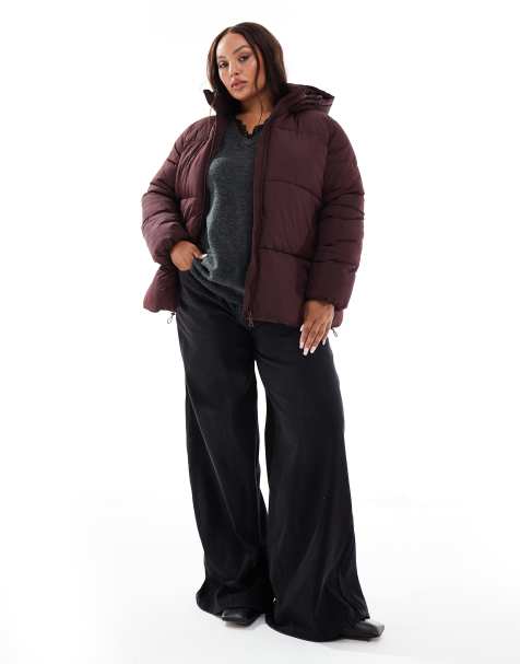 New Look Curve hooded puffer coat in burgundy - view 1