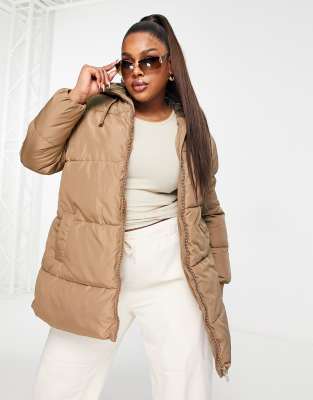 New Look Curve hooded puffer coat in camel-Neutral