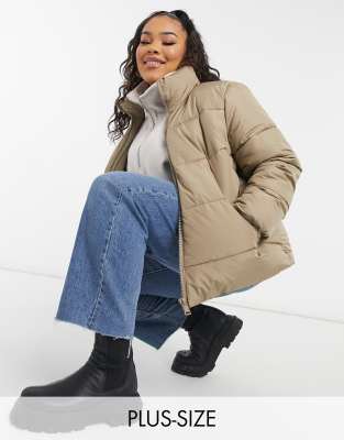 New Look Curve hooded puffer coat in camel | ASOS