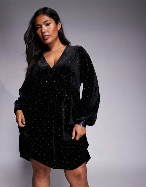 New Look Curve hotfix v neck smock mini dress in black