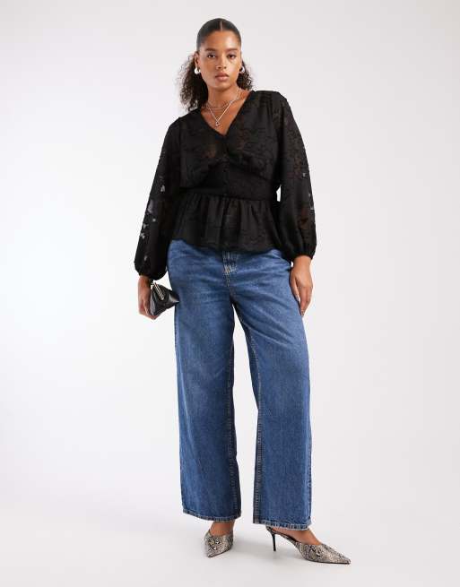 New Look Curve jacquard tea top in black, 2 of 4