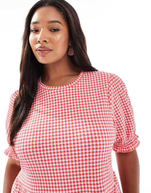 New Look Curve – Kurzes Hängerkleid in Rot mit Vichy-Karos und Knitterstruktur, 2 von 4