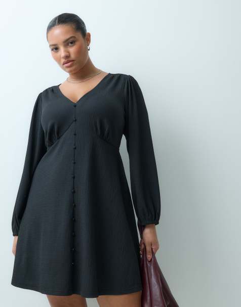New Look Curve lace corset waist button down mini dress in black