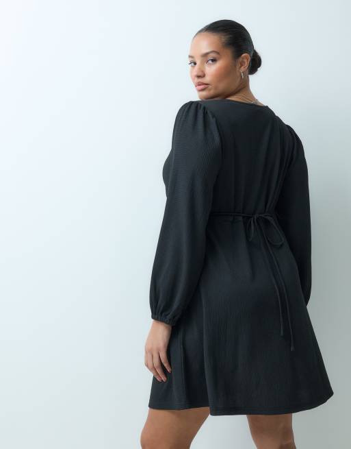 New Look Curve lace corset waist button down mini dress in black, 4 of 4
