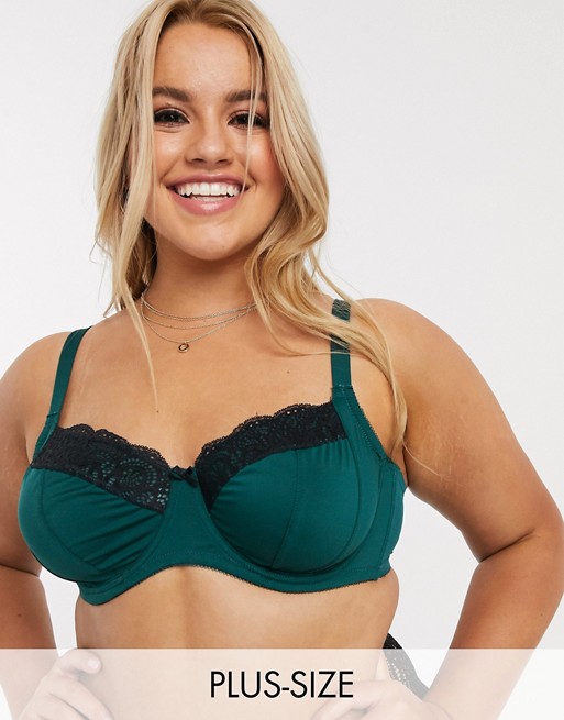 New Look Curve lace trim underwired bra in teal