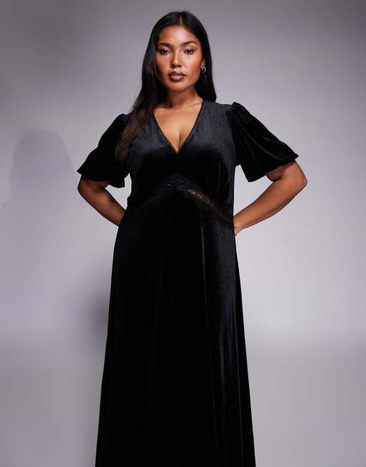 New Look Curve lace trim velvet midi dress in black, 2 of 4