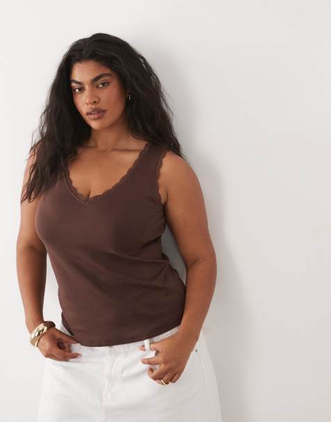 New Look Curve lace trim vest in dark brown - view 1