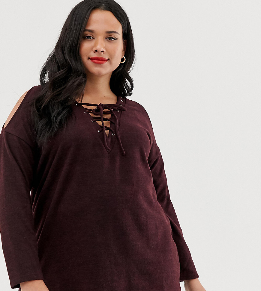 New Look Curve lace up front cold shoulder top-Red