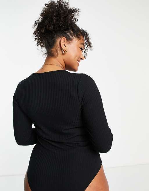 New Look Curve – Langärmliges, geripptes Wickeloberteil aus Jersey in Schwarz, 2 von 4