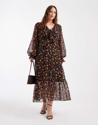 New Look Curve - Langärmliges Midikleid in Braun mit Blümchenmuster-Brown