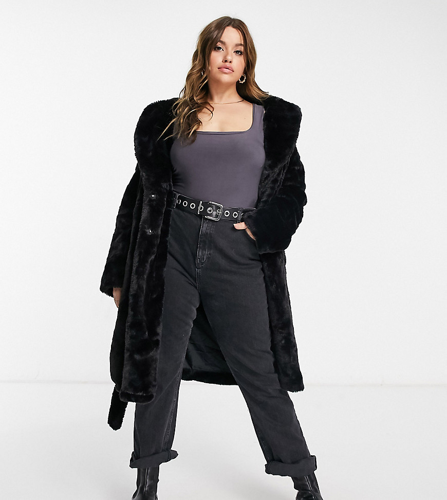 New Look Curve - Lange jas van imitatiebont met riem in zwart