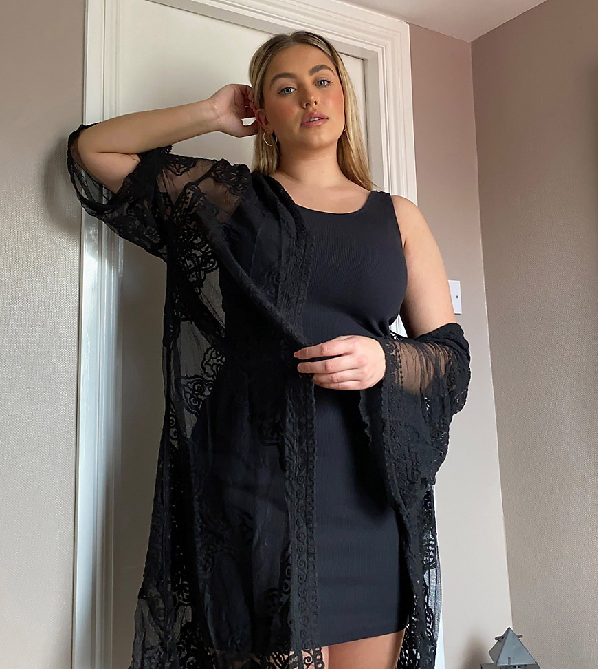 New Look Curve - Lange kimono met mesh in zwart
