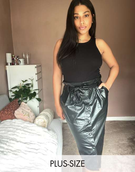 New Look Curve leather look pencil skirt in black ASOS