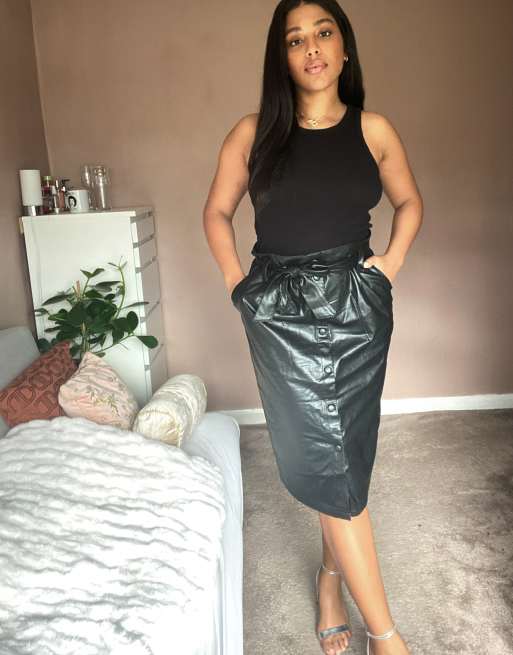 New Look Curve leather look pencil skirt in black ASOS