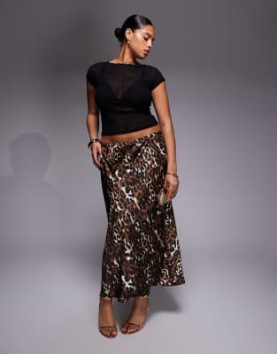 New Look Plus New Look Curve leopard print satin midi skirt in brown