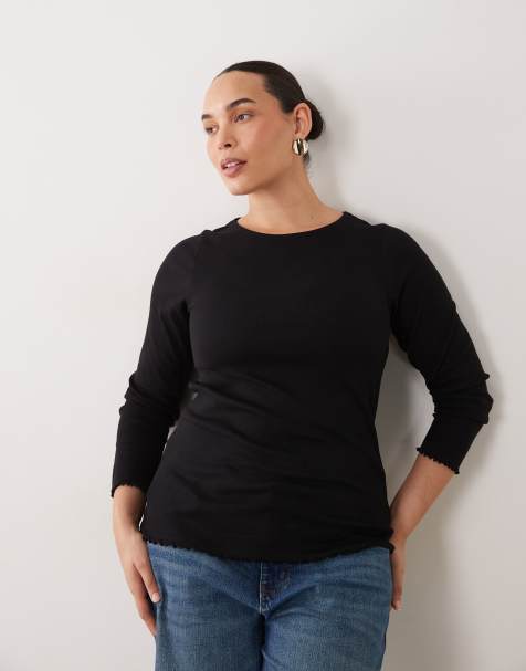 New Look Curve lettuce edge long sleeve top in black - view 1