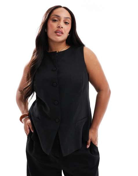 New Look Curve linen-blend longline crew neck waistcoat in black - view 1