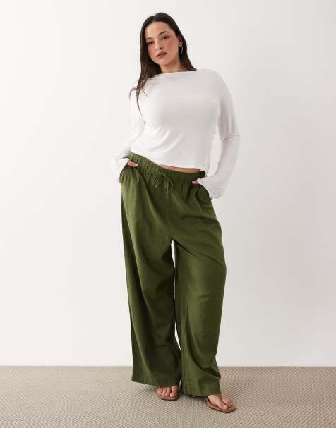 New Look Curve linen blend wide leg trousers in green
