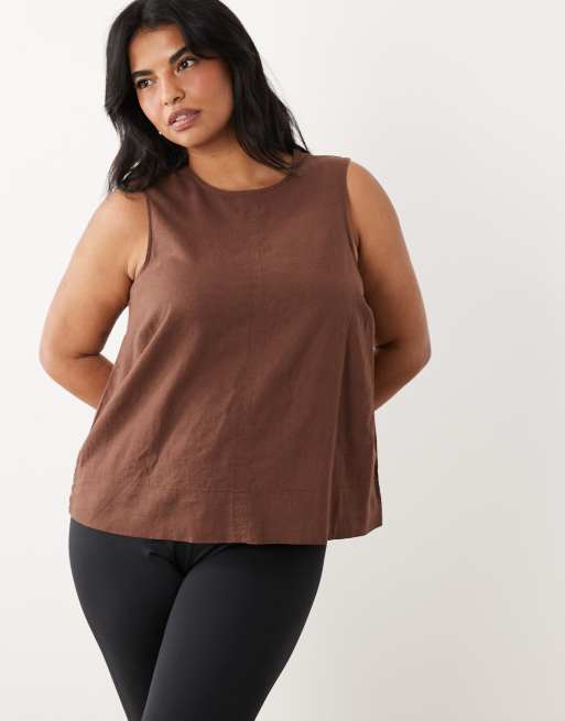 New Look Curve linen shell top in brown, 2 of 4