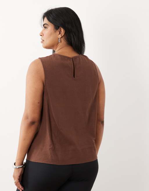 New Look Curve linen shell top in brown, 3 of 4