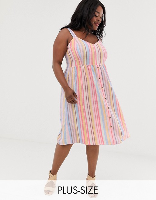 New Look Curve linen stripe midi dress in pink pattern
