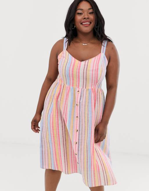 Curve linen stripe midi dress in pink pattern