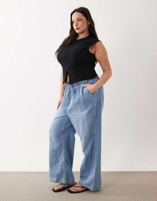 New Look Curve – Ljusblå jeans i dra på-modell med vida ben, 3 av 5