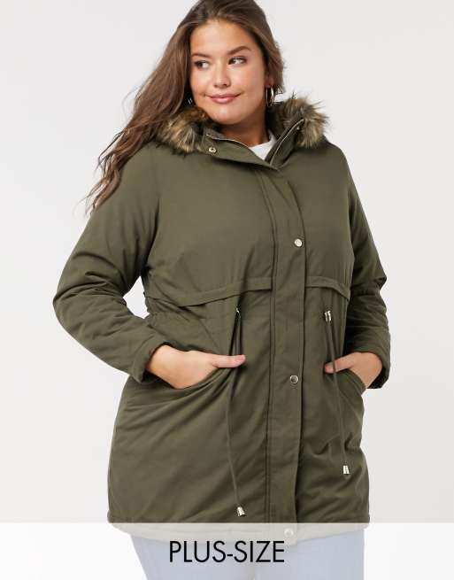 New Look Curve long-line parka jacket in khaki | ASOS