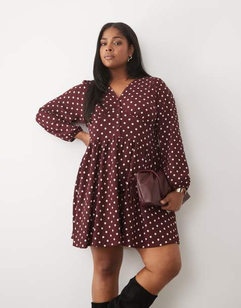 New Look Curve long sleeve empire waist detail mini dress in burgundy polka dot - view 1