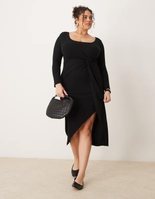 New Look Plus New Look Curve long sleeve knot front midi dress in black