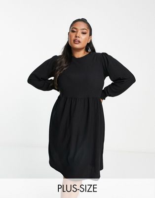 New Look Curve long sleeve smock mini dress in black