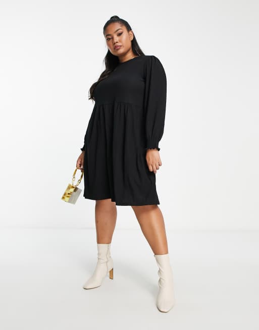 New Look Curve long sleeve smock mini dress in black, 4 of 4
