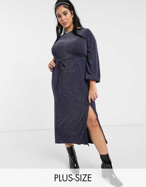 New Look Curve long sleeve tie front midi dress in navy ASOS