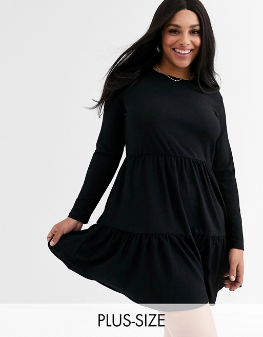 New Look Curve long sleeve tiered smock dress in black