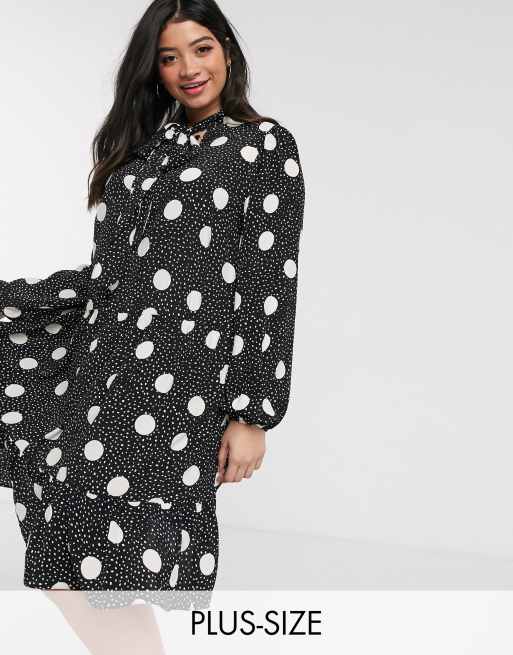 New Look Curve long sleeved polka dot smock dress in black