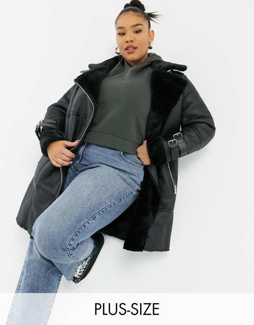 New look black store faux fur longline coat