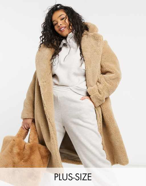 New Look Curve longline teddy borg coat in stone