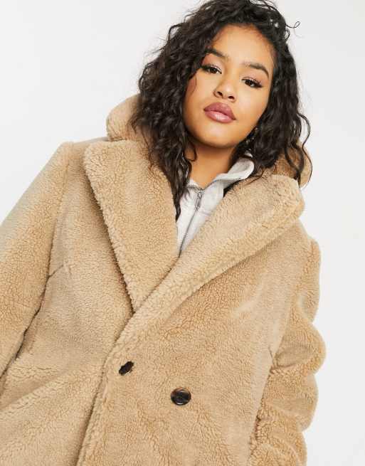 New Look Curve longline teddy sherpa coat in stone ASOS