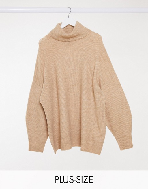 New Look Curve longline volume sleeve slouchy roll neck jumper in camel